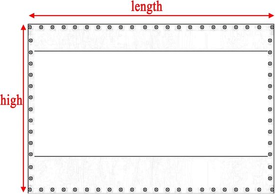 Technisch schema van een rechthoekig zeil met aanduidingen voor "length" en "high" en rondom oogringen.