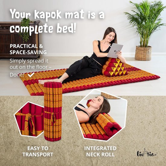 Rolmat - Gastenmatras - Ontspannen - Natuurlijk Kapok - 200x110cm - Rood/Geel — afbeelding 4