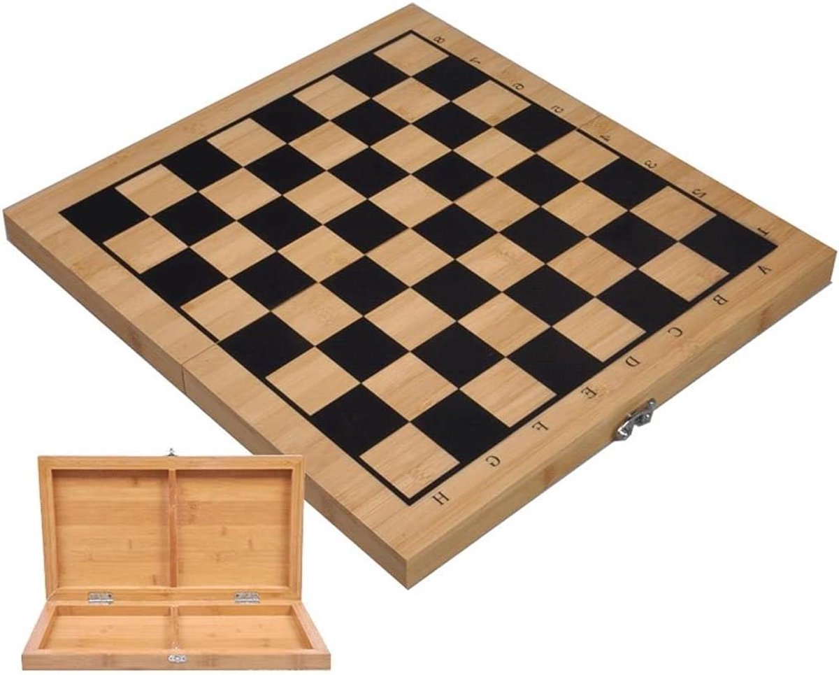 Schaakbord Set - Reisbord Hout - Spel Onderweg - Opvouwbaar Met Opbergruimte - 39x21cm - Natuurlijk Hout