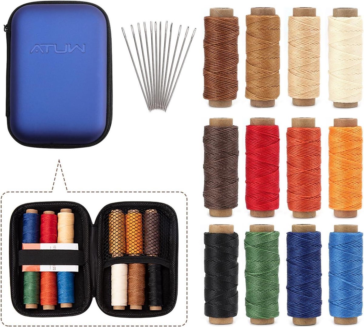 Naaigaren Set - Gewaxt Garen - Leer Bewerken - 12 Kleuren Set - 0.35mm Diameter - Multicolor