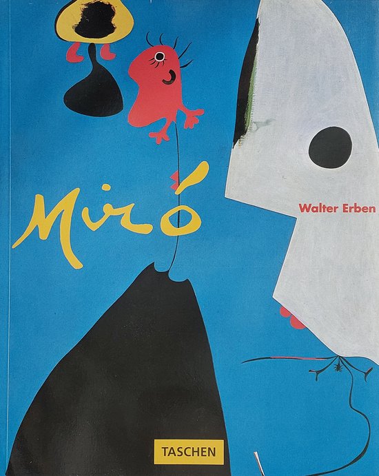 Boekomslag met gele tekst 'Miro' en een rode en zwarte abstracte figuur tegen een blauwe achtergrond.