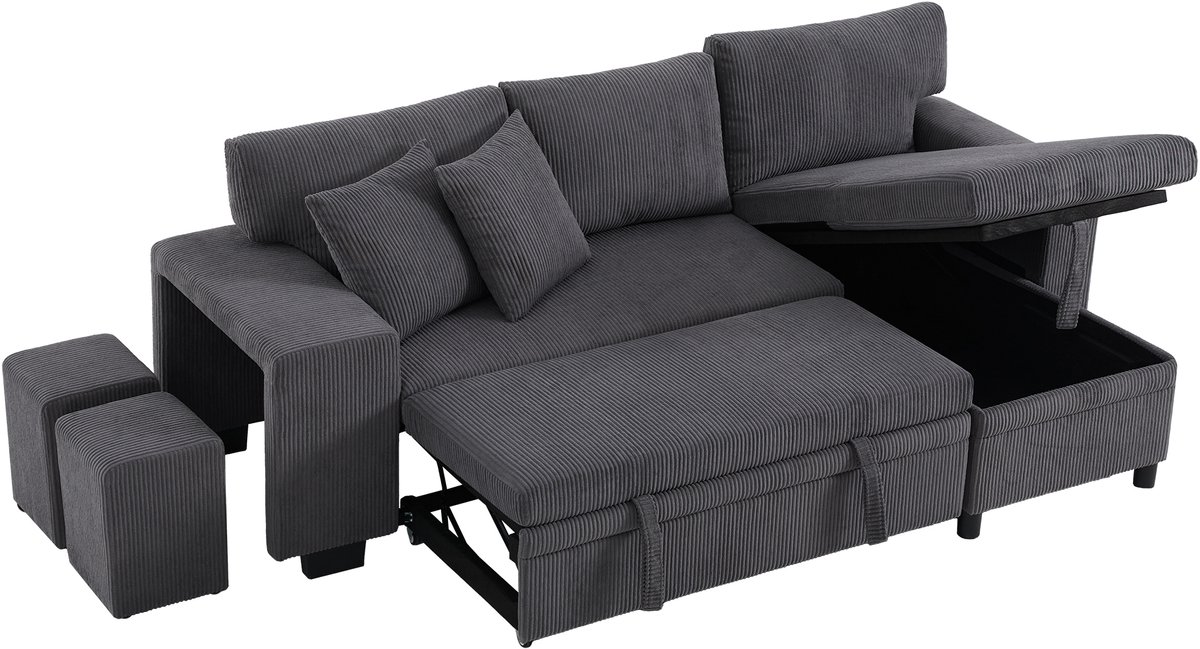 REDOM Hoek Slaapbank - Met Opbergruimte En Laadaansluitingen - Modern - Voor Woonkamer - Ribstof - Grijs - 231 X 131,5 X 84 Cm