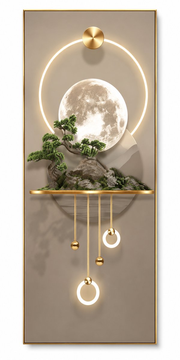CINK Living® Luxe Abstract Canvas met Gouden Maan – Moderne Wanddecoratie – Botanische Canvas Art – Beige Goud – 60x120 cm