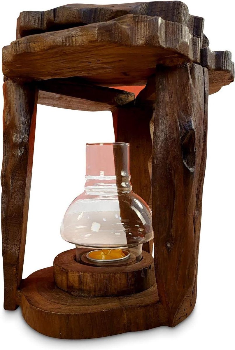 Wortelhout Windlicht - Teakhouten Lantaarn - Sfeerverlichting Buiten - Handgemaakt Uniek Stuk - 25 x 19 x 19 cm - Bruin