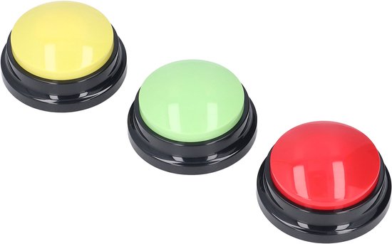 Drie rond met zwarte basis, rode, groene en gele drukknop.