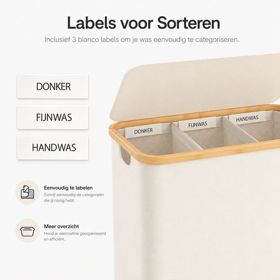 Wasmand van crème wit textiel met bamboe accenten. De mand heeft 3 vakken met labels: DONKER, FIJNWAS en HANDWAS.