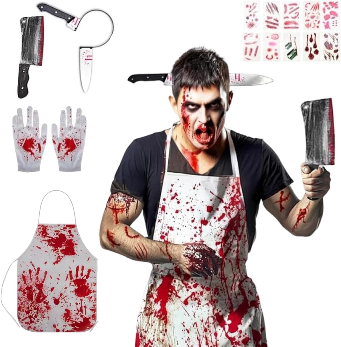 Griezelig slagerskostuum voor Halloween met bloedige schort, mes in het hoofd en accessoires voor feesten, verkleedpartijen en decoratie