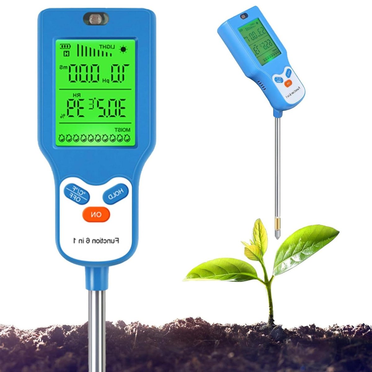 Bodemvochtmeter 6-in-1 - Bodemtester PH-meter - Planten Groei Optimaliseren - LCD Scherm Vruchtbaarheidstest - 172 mm Sondelengte - Grijs