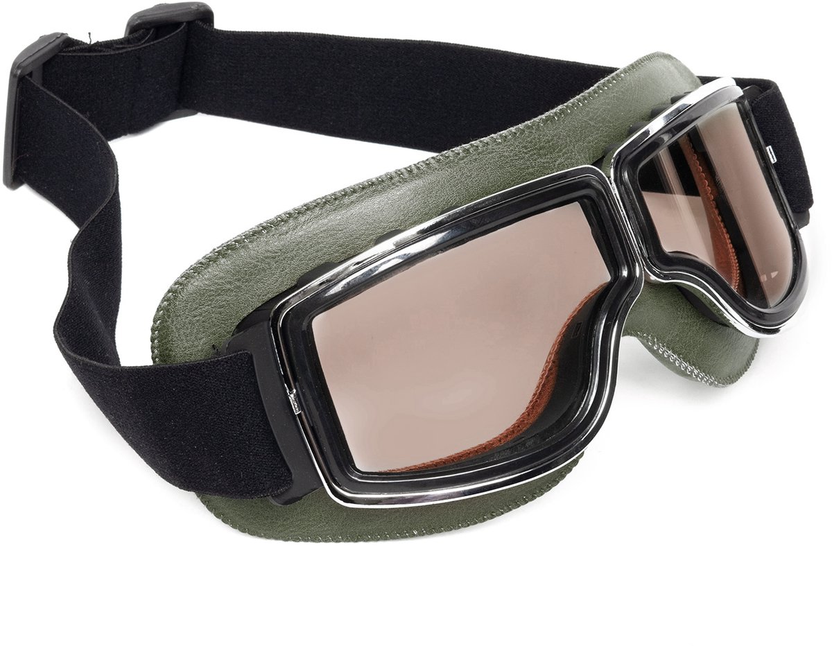 KIMU® Goggles Motorbril Skibril - Bril Groen Montuur - Bruine Glazen - Leatherlook Pilotenbril Vintage Motor Retro Steampunk Lederen Heren Festival