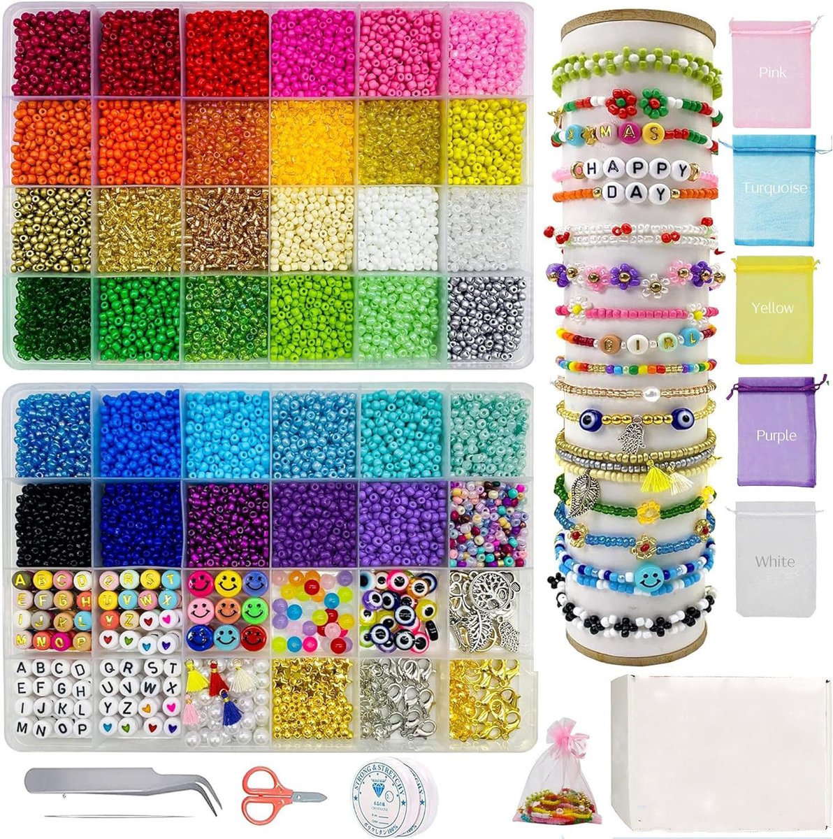 DIY Kralen Set 16000 Stuks – Sieraden Maken Set met Letterkralen, Smiley & Hartjes Kralen – Inclusief Elastisch Koord, Gereedschap & Accessoires – Armbandjes, Kettingen & Knutselen voor Kinderen en Volwassenen