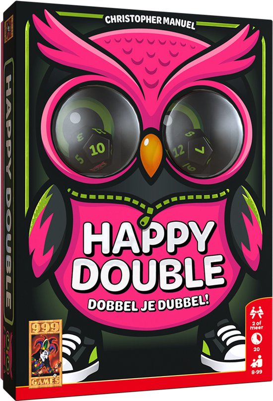 Doos van het spel Happy Double met grote roze uil, groene details en sneaker-achtige poten. Tekst 'Dobbel je dubbel!'.