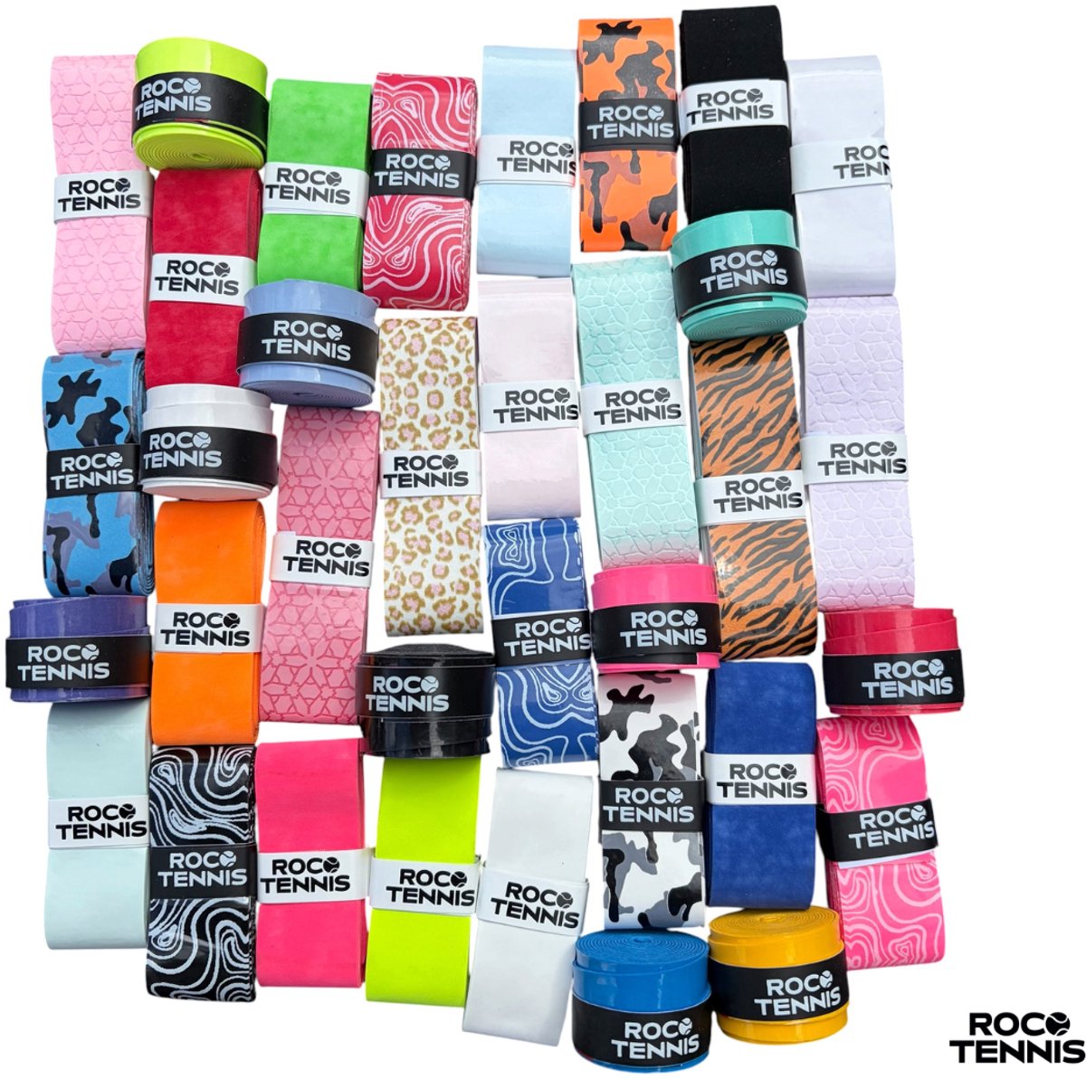 35 stuks | Roco Tennis Overgrips | Grippakket | Compleet Assortiment | Antislip | Dry | Zweetabsorberend | Tennis | Padel | Badminton | Squash | Overgrip | Tennisgrips | Soft | Dierenprint | Uniek patroon | Bloemenprint | Effen | Ombré