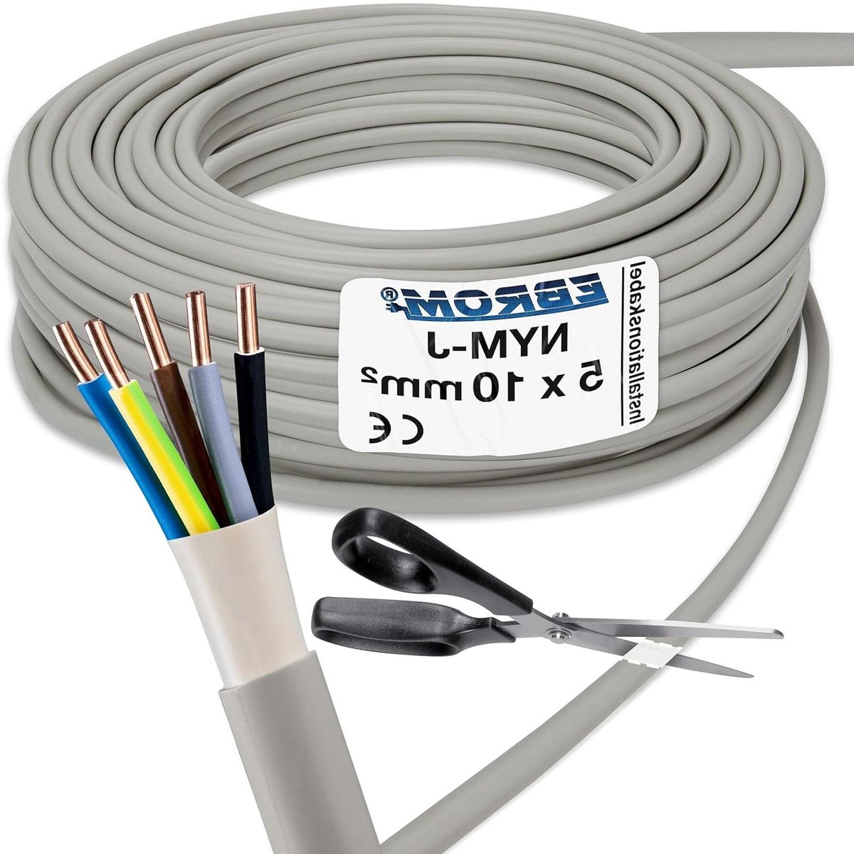 Installatiekabel NYM-J - Elektrische draad - Vaste installatie - Geschikt voor vochtige ruimtes - 5x10 mm2 - Grijs