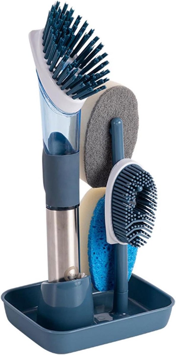 Afwasborstel Set - Spons Houder - Keuken Schoonmaken - Geïntegreerde Zeepdispenser - 14 cm Hoog - Blauw