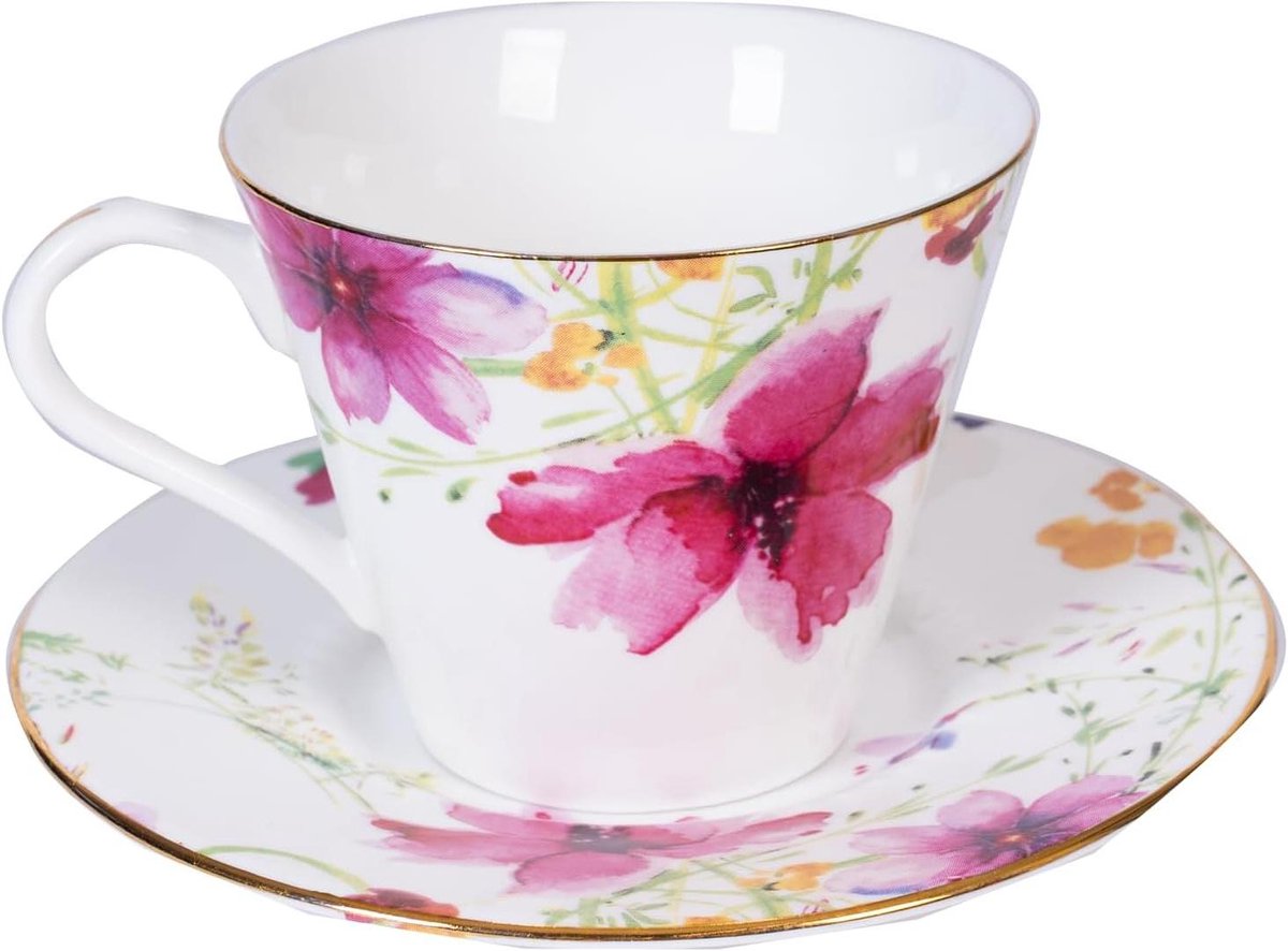 Porseleinen Theeservies - Kop en schotel - Thee moment - Vintage bloemenprint - 190 ml - Pluim bloesem