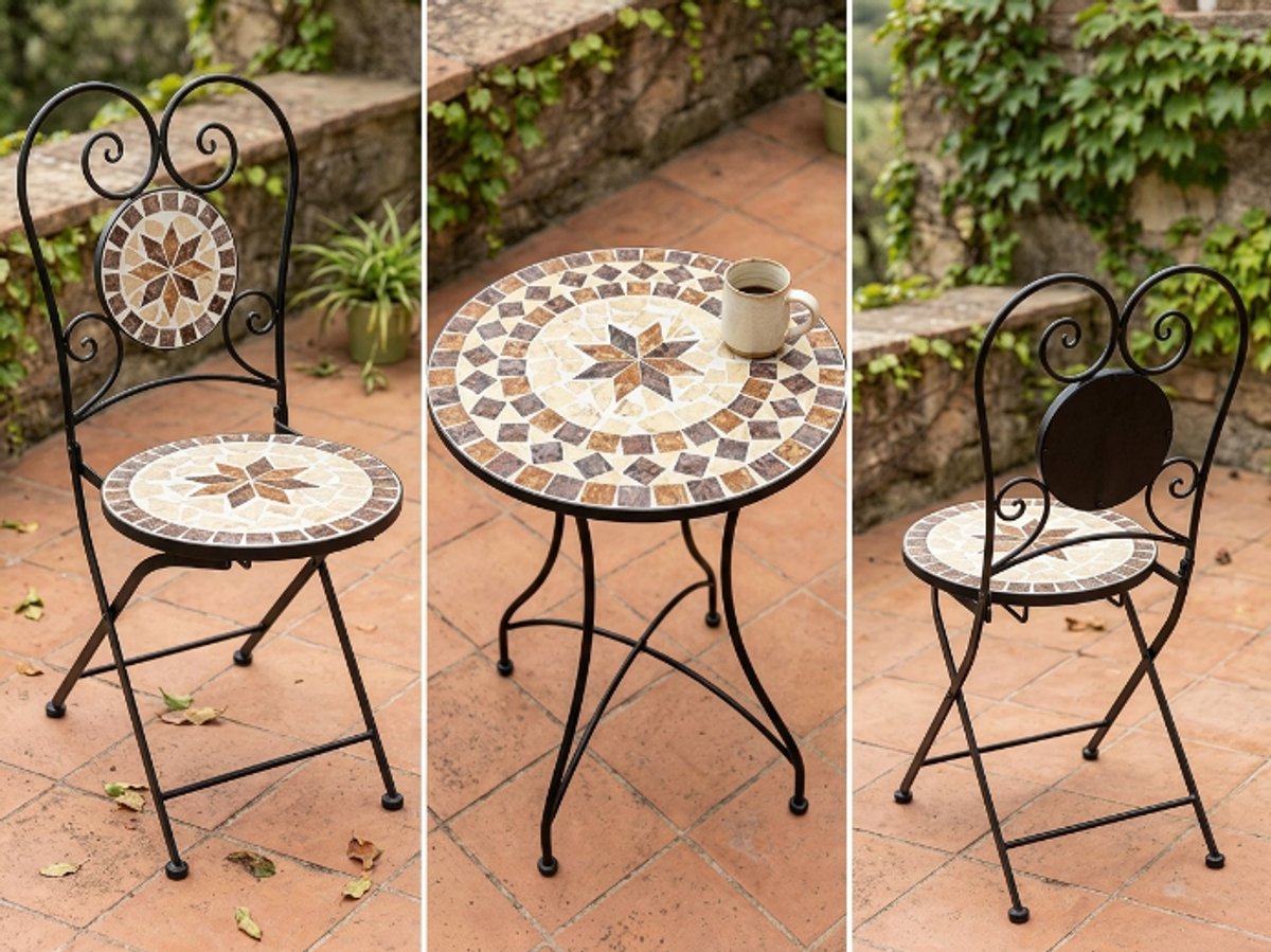 Marbella Luxe Mozaïek Bistroset 3-Delig – Tuinset met 2 Stoelen & Ronde Tafel in Vintage D