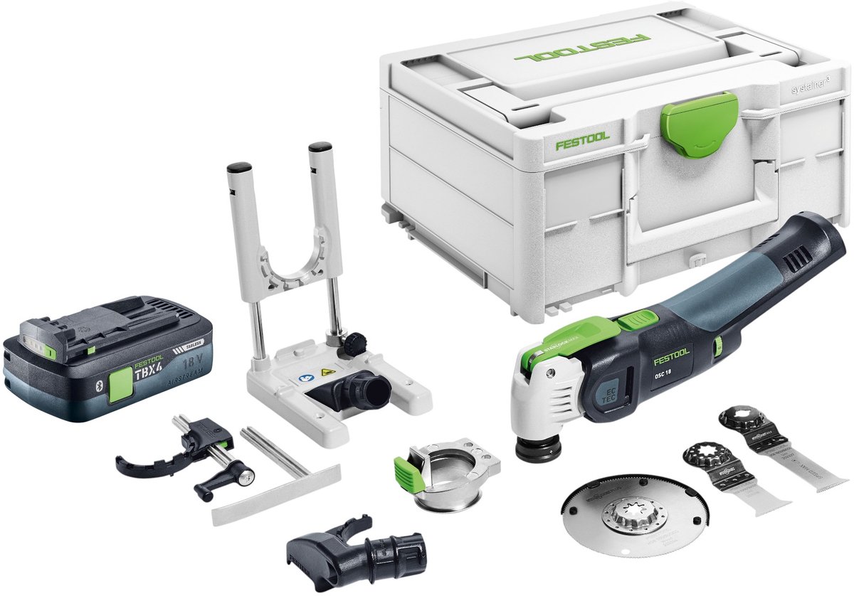 Festool OSC 18 E-Basic-set accu-oscillator 18 V Starlock Max Brushless + 1x accu 4,0 Ah + 7-delige accessoire-set + Systainer - zonder oplader