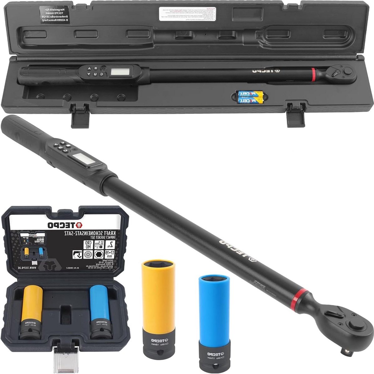 TECPO Digitale momentsleutel, 1/2 inch aandrijving, 17-340 Nm, 72 tanden, met steeksleutel, bescherminzetstuk SW 17 mm en 19 mm