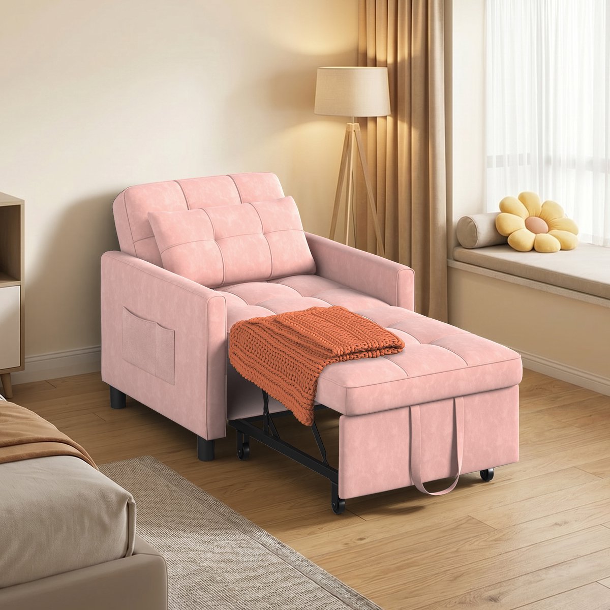 Bealife AR21 Slaapbank 1 Persoons - 3-In-1 Bank met Slaapfunctie - Verstelbare Bedbank - Sofa met Armleuningen voor Woonkamer Slaapkamer Logeerkamer -Roze