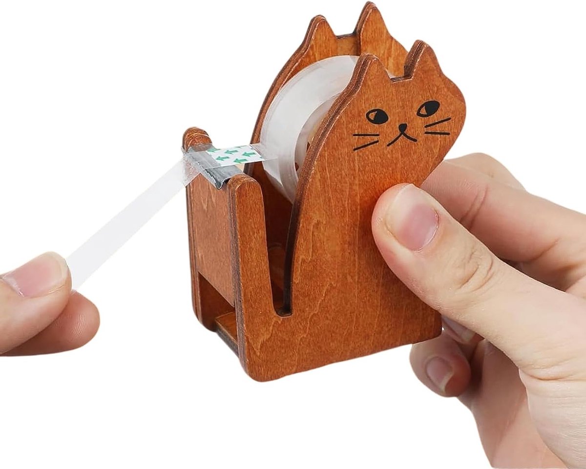 Houten Plakbandhouder Kat Vormig Met Voorraad - Leuk Bureauaccessoire