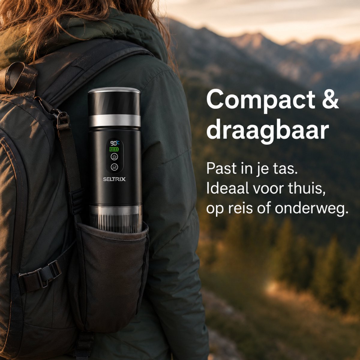 Draagbare koffiemachine - Verwisselbare Accu + 1 extra accu - 20 Bar - Inclusief Beschermhoes - 150 ml - 7500 mAh - Draagbaar koffiezetapparaat - Cups & Gemalen Koffie - Camping & Reizen - Espresso & Lungo - Seltrix - Zwart — afbeelding 2