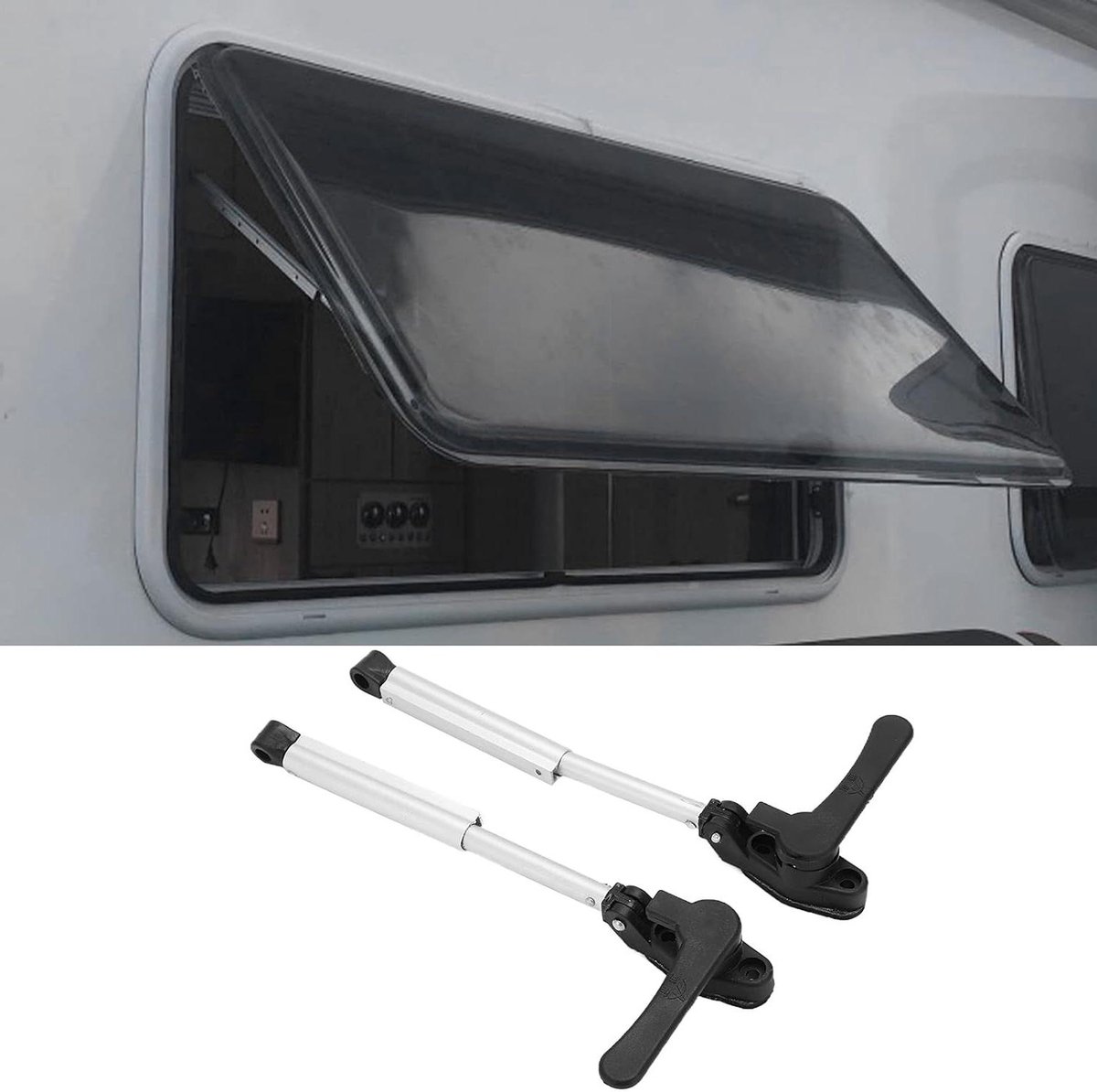 Raamheffer Set - Steunstang Verstelbaar - Caravan Ramen - Traploos Verstelbaar - 2 Stuks - Aluminiumkleur