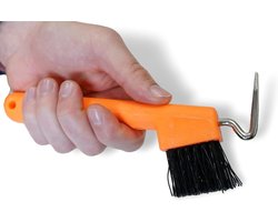 Hoofkrabber voor paard, ezel en geiten met stevige borstel en ergonomische greep - neon oranje