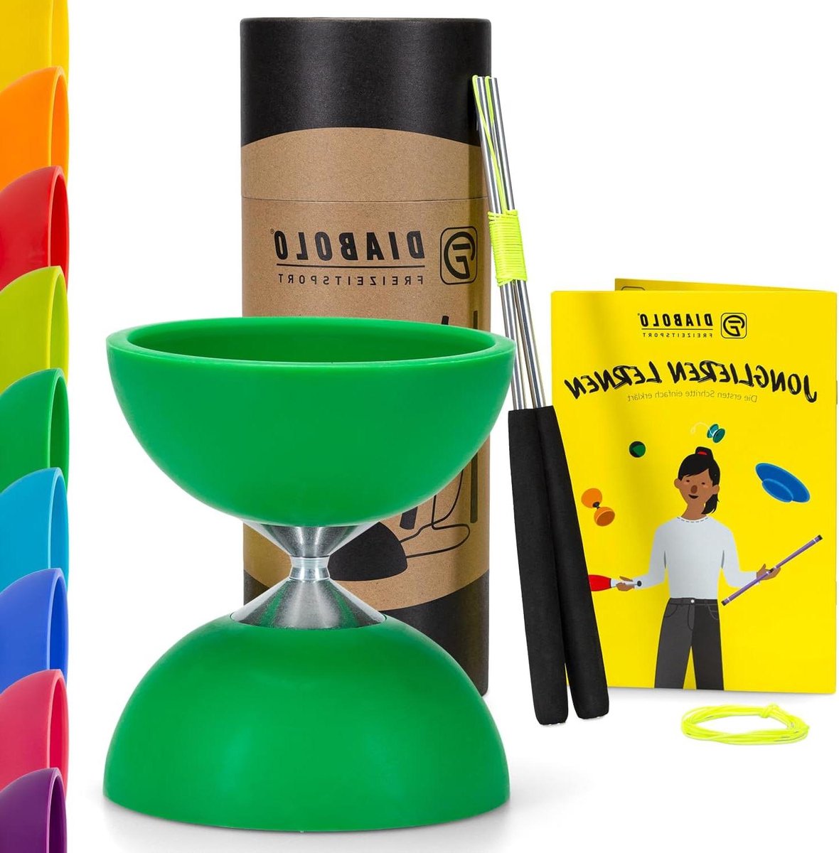 Jongleerset Diabolo - Vrijetijdssport set - Buiten spelen - Aluminium handsticks - 105 mm diameter - Groen
