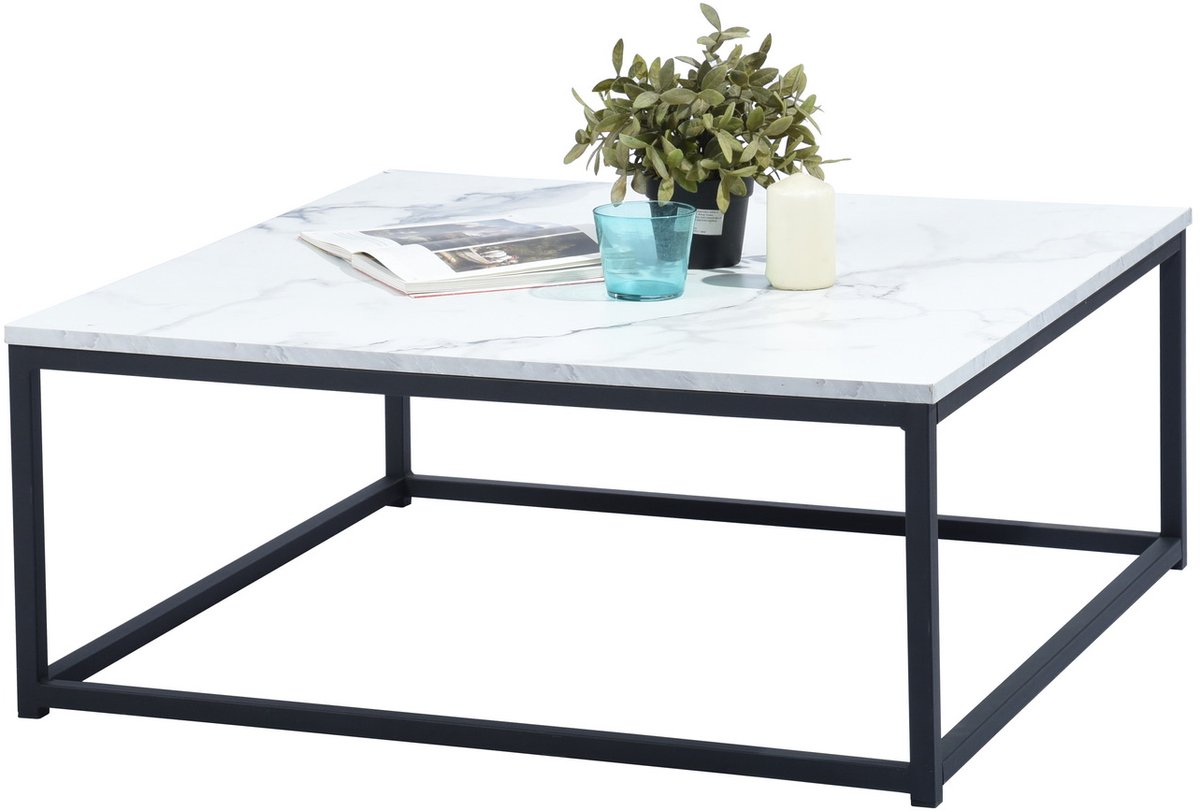 Salontafel - 80x80cm Marmer Effect Industrieel - Zwart Metaal