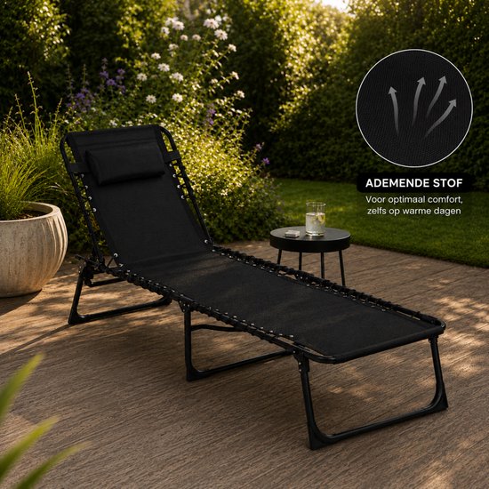 Outbee Ligbed - Ligstoel - Zonnebed - 190x55x30 cm - Inklapbaar - Verstelbaar - Weerbestendig - Zwart van Outbee — afbeelding 5