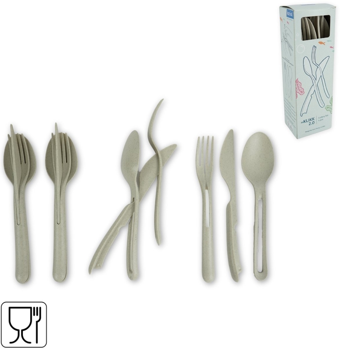 Klikk 2.0 Bestekset - 4 Persoons - 50% Recycled - Duurzaam - 22cm - Kunststof - 12 Delig Voor 4 Personen - 4 Lepels - 4 Vorken - 4 Messen - picnic - Kamperen - Camping - Hiken - Trektoch - Survival