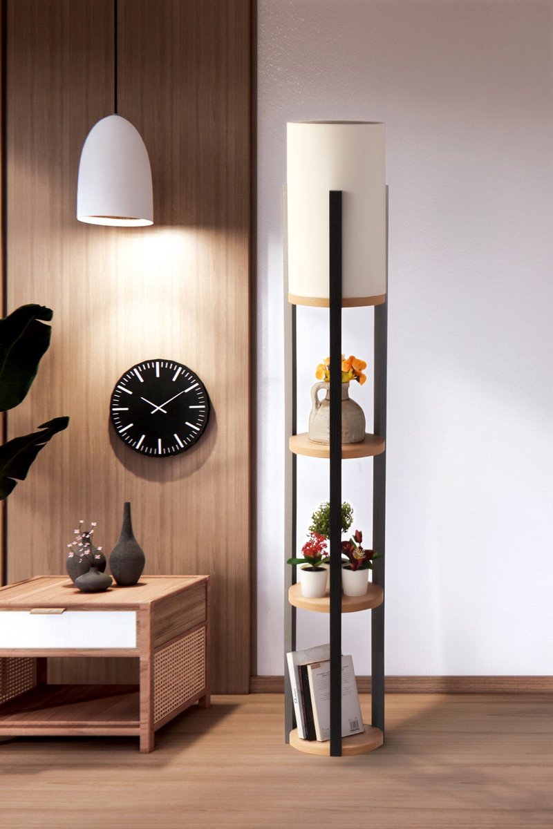 Asir - Vloerlamp - Natuurlijk, zwart - SPAANPLAAT BEHUIZING - 122 x 22 x 6,5 cm