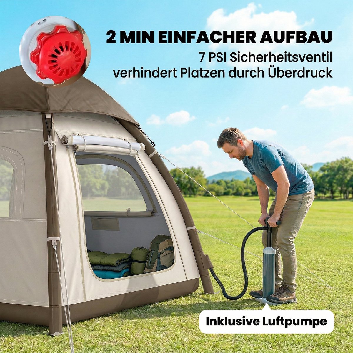 Outsunny Opblaasbare Camping Tent-Oxford-stof, TPU-220L x 220B x 200H cm-Crème wit – foto 3