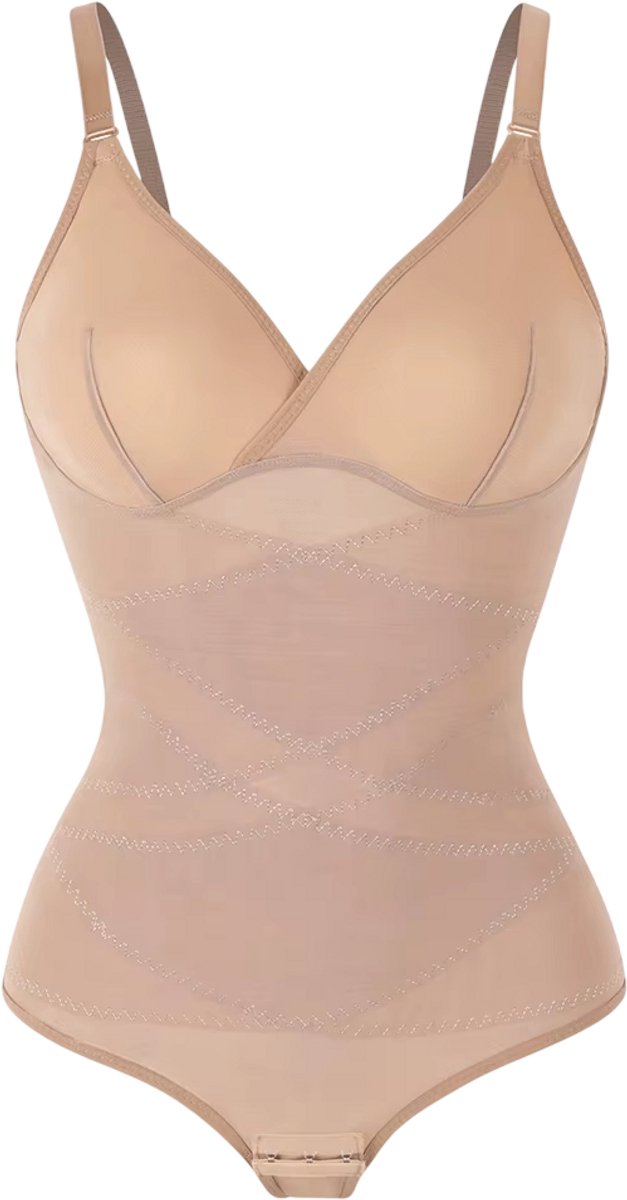 rimmo Dames corrigerende bodysuit buikcontrole shapewear – Full Body Shaper met V-hals, ademend mesh ondergoed & butt lifter - Beige