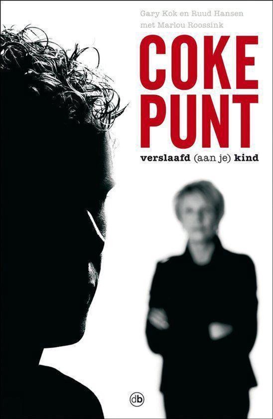 Boek 'Coke Punt' met rode tekst, een silhouet van een hoofd links en een wazige figuur met gekruiste armen rechts.