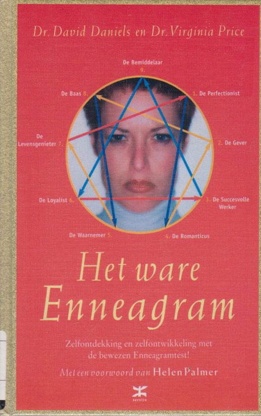Boekomslag 'Het ware Enneagram' met gezicht van een vrouw, omringd door het Enneagram schema met de nummers en types.