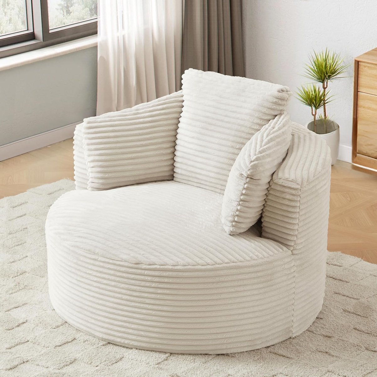 Corduroy Cloud Stoel 1-Zits Ligstoel – Industrohome Beige Relax Fauteuil Zonder Montage – Moderne Pluizige Slaapstoel met Schuimvulling – Comfortabele Lounge Bank voor Woonkamer & Slaapkamer – 124x113x66 cm