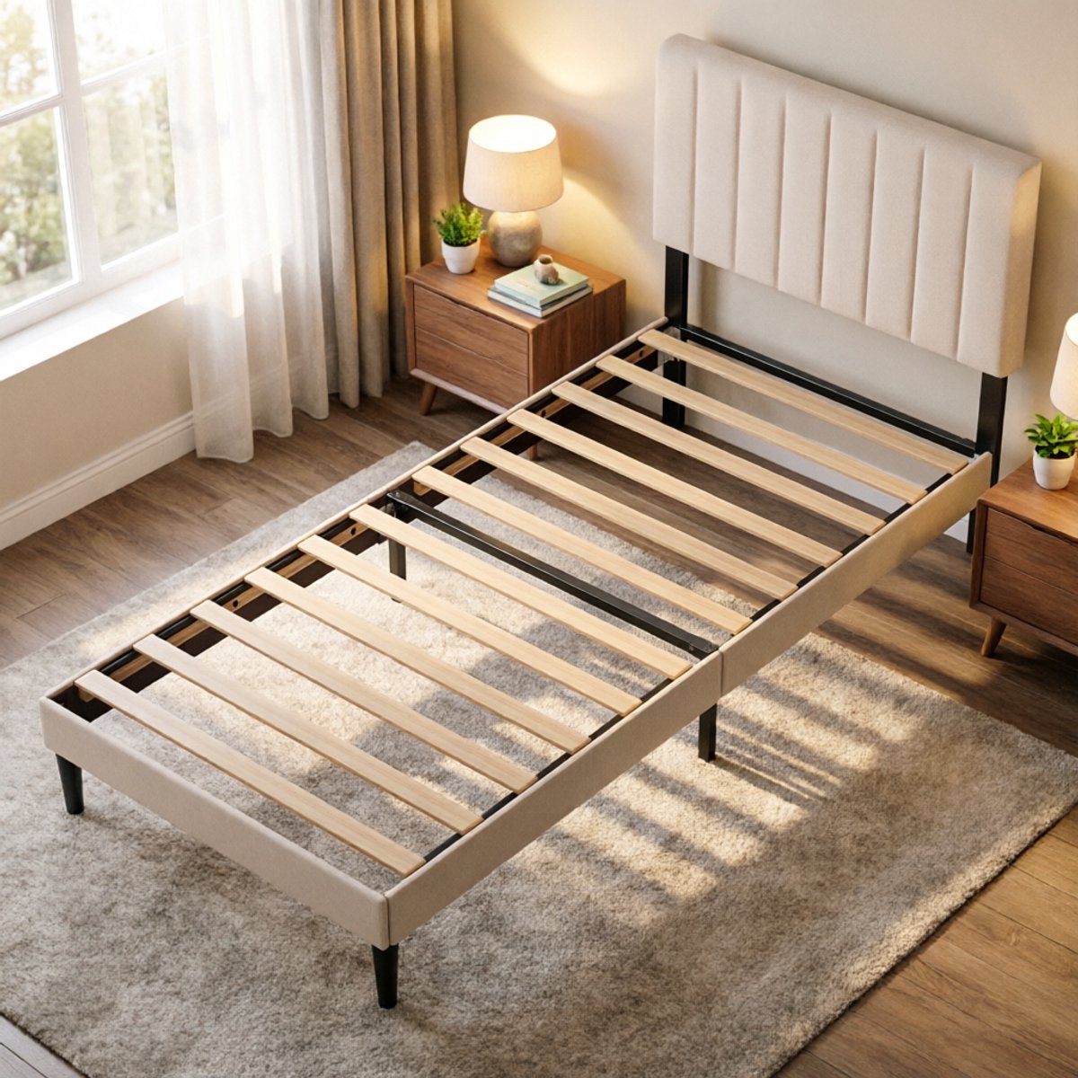 KUTAS Gestoffeerd Bed - Eenpersoonsbed - 90x200 CM - Heavy Duty Metalen Bedframe - Met Hoogte Verstelbaar Hoofdeinde en Lattenbodem - Opbergruimte Onder Bed - Draagkracht 480 kg - Beige