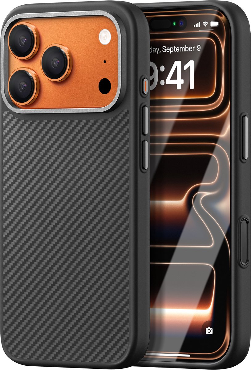 iDenn hoesje voor iPhone 17 Pro Kevlar – Carbon Zwart geschikt voor MagSafe