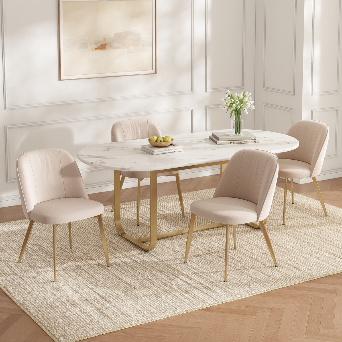 BLACKCOLORS 4 eetkamerstoelen, comfortabel en ademend, geschikt voor eetkamer, woonkamer, cafés enz., moderne stijl, fluweel, beige en goudkleurig
