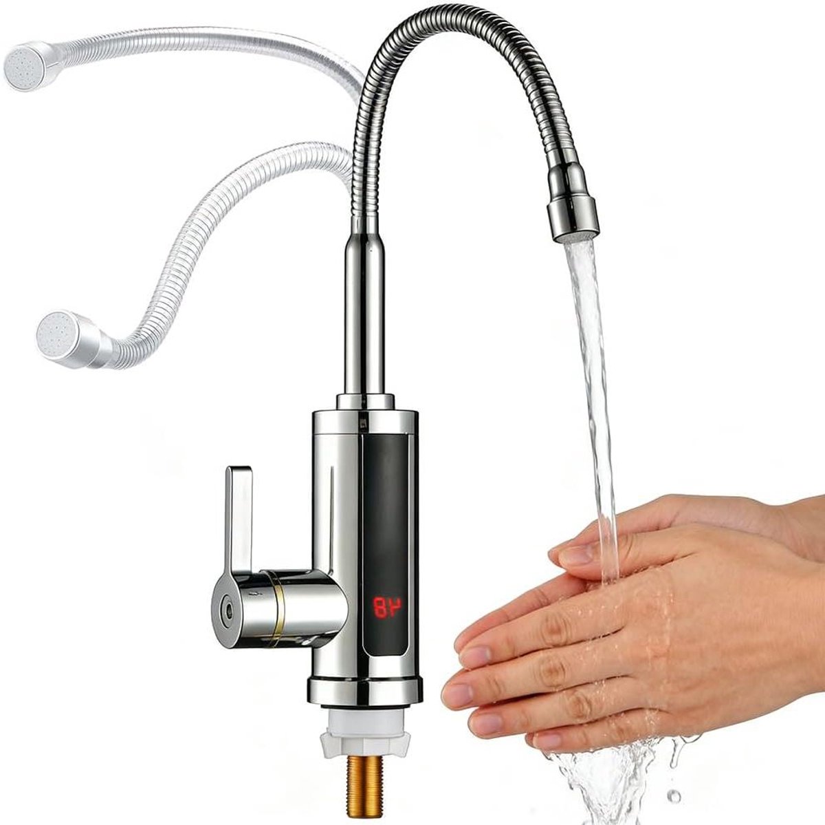 Elektrische Warmwaterkraan - Doorstroomboiler Kraan - Direct Warm Water - 3 Seconden Opwarmtijd - 3000 Watt - Zilver