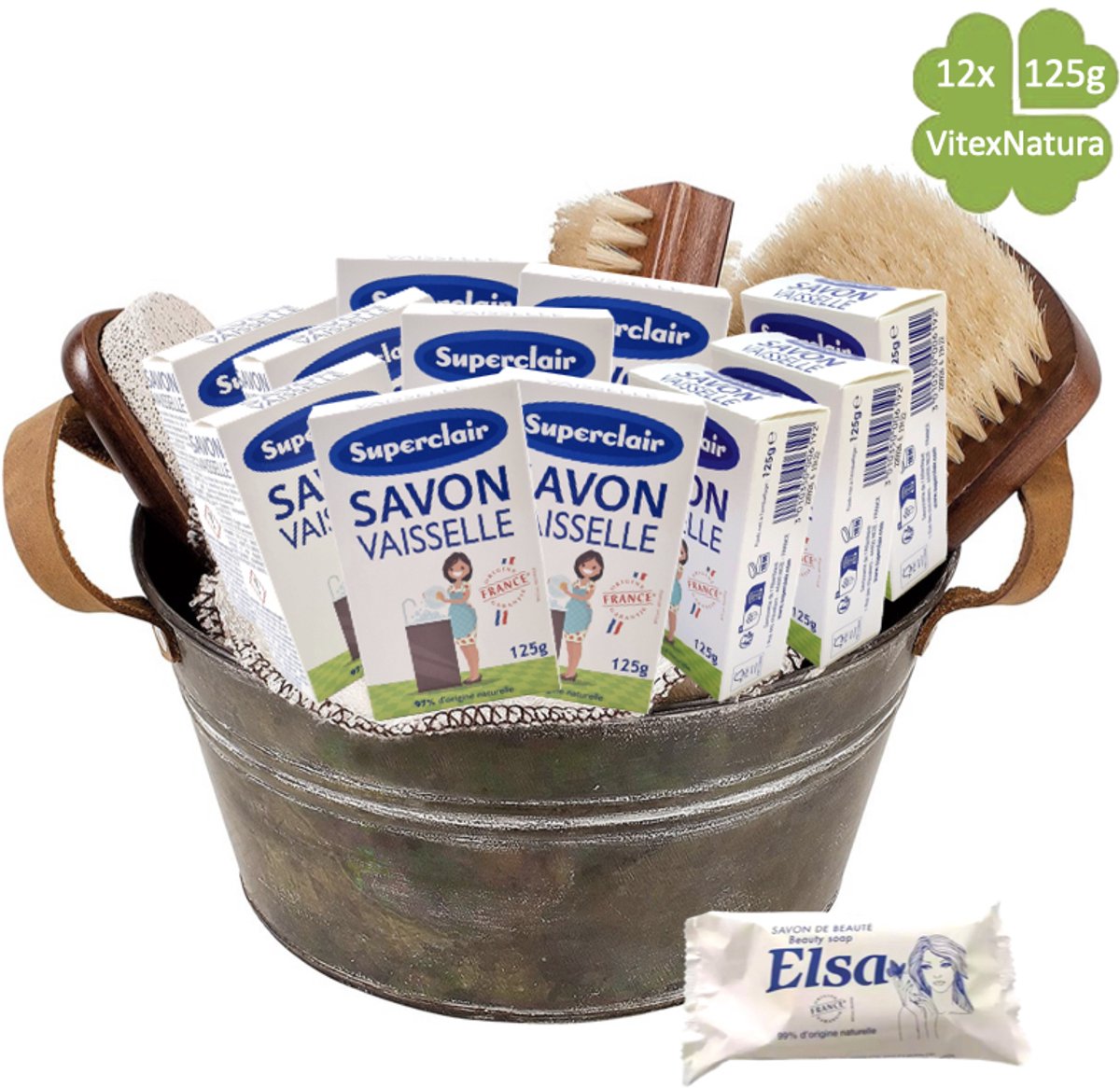 Superclair Bicarbonaat afwasmiddel zeepstuk 12x125g | 97% ingrediënten van natuurlijke oorsprong | Elsa zeepje 100g GRATIS