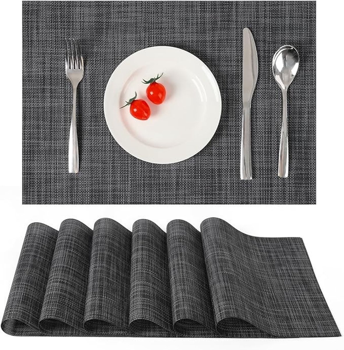 Placemats Set van 6 - Geweven Vinyl - Hittebestendig & Antislip - Donkergrijs Zwart