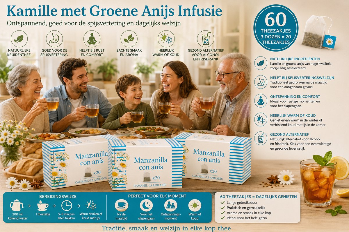 60 THEEZAKJES KAMILLE MET GROENE ANIJS INFUSIE – ONTSPANNEND, GOED VOOR DE SPIJSVERTERING EN DAGELIJKS WELZIJN – HELPT BIJ RUST EN COMFORT – NATUURLIJKE KRUIDENTHEE MET ZACHTE SMAAK,HEERLIJK WARM OF KOUD, GEZOND ALTERNATIEF VOOR ALCOHOL EN FRISDRANK