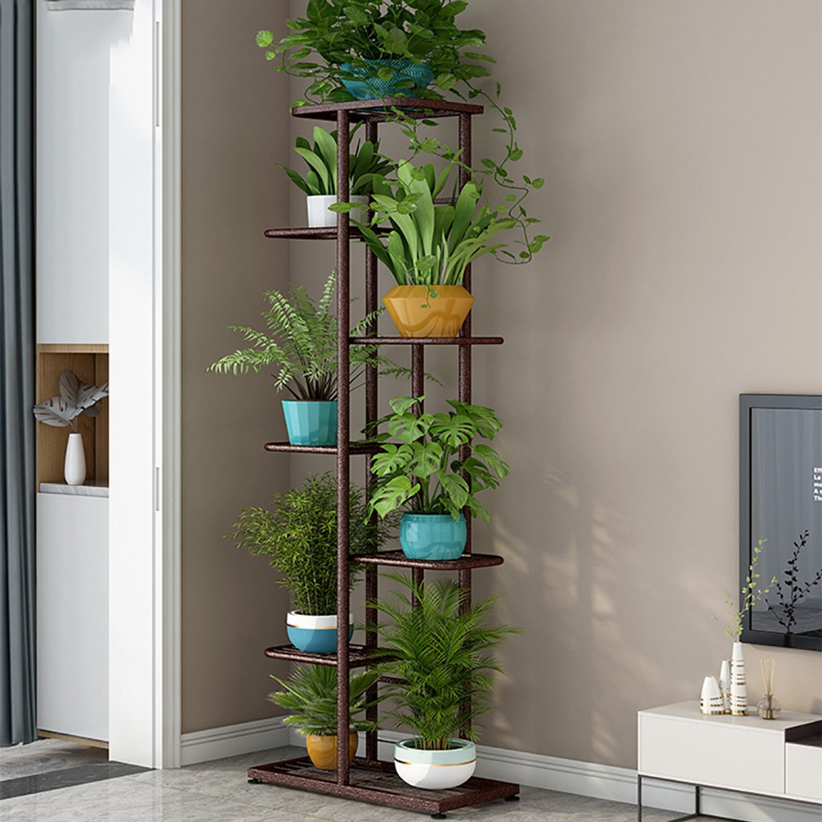 JAQZY Plantenstandaard - Plantenrek - 7 Lagen - Tot 8 Bloempotten - Woonkamer - Balkon - Patio - Tuin - Stijlvol - Metaal - Bruin