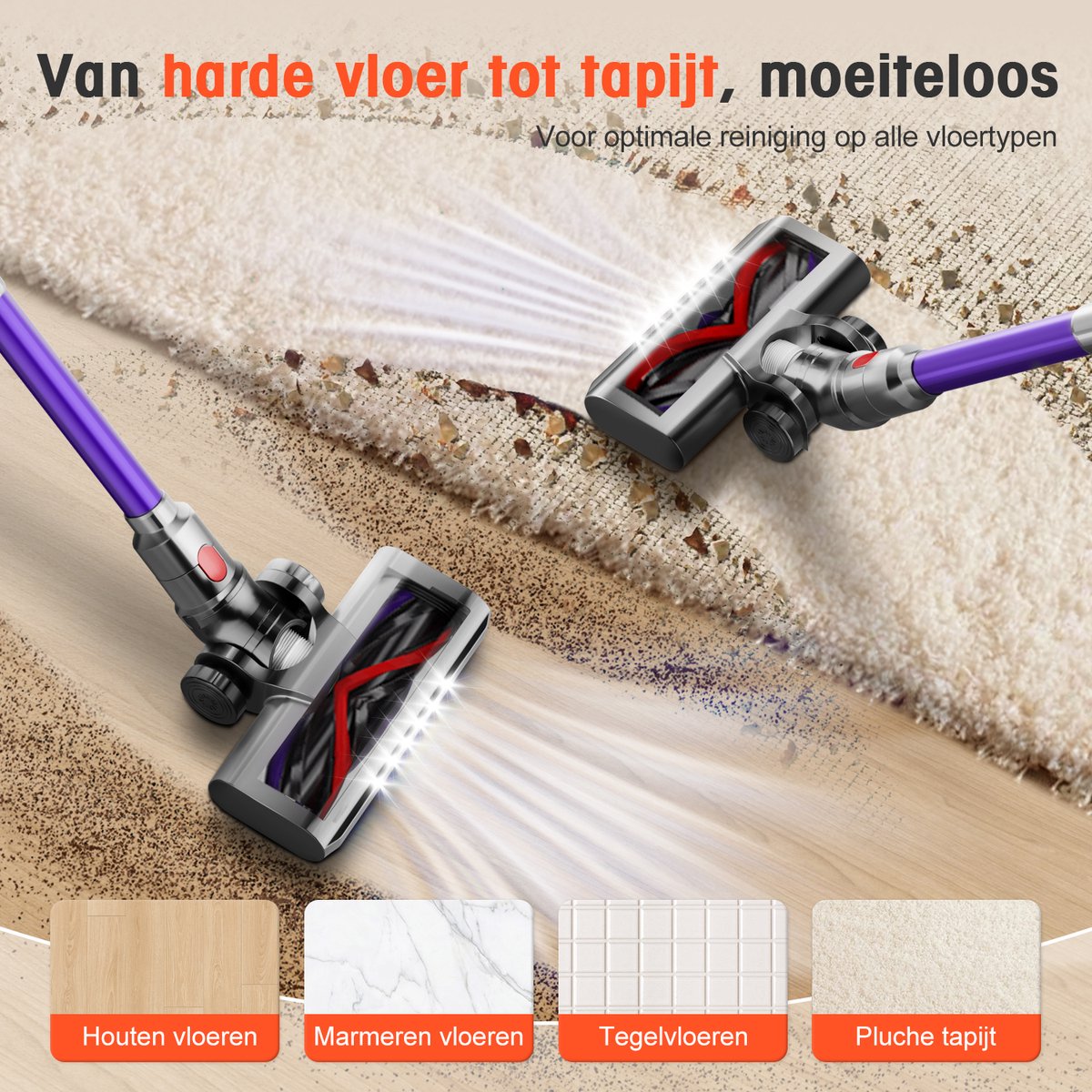 Elekiatech Steelstofzuiger- 46000Pa - 50 Minuten Gebruikstijd - 8 Kegel Filtersysteem Steelstofzuiger Draadloos - 1,5 L Stofbak - 2200 mAh Accu - voor Tapijten en Harde Vloere - Paars — afbeelding 6