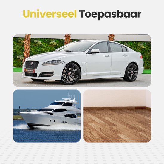 Afbeeldingen van een witte Jaguar, een witte luxe jacht en een houten vloer, aangeduid als universeel toepasbaar.
