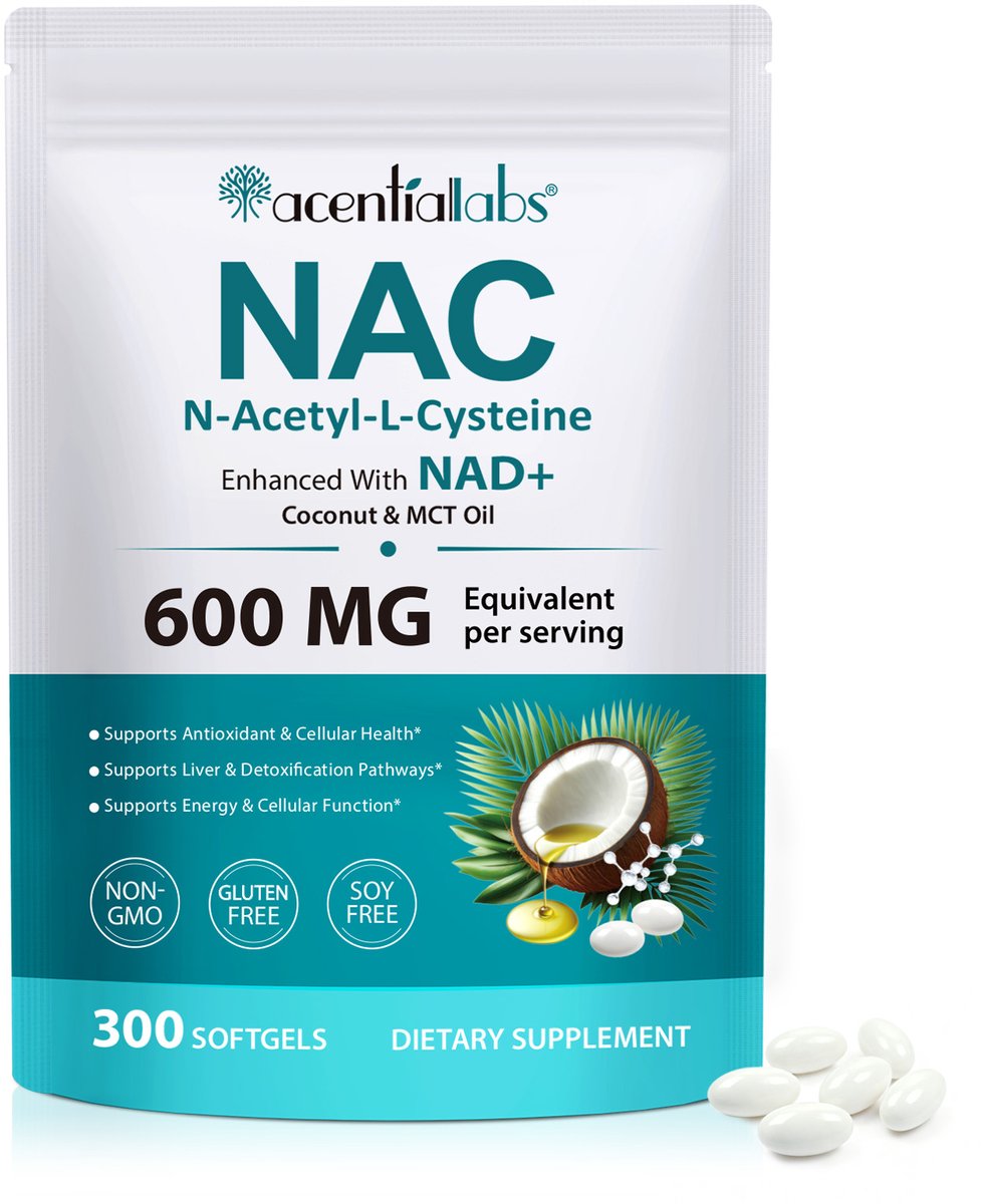Acential Labs NAC N-Acetyl-L-Cysteine 600mg | 300 Softgels met NAD+ | Enhanced met Kokosolie & MCT Olie | Glutenvrij · Sojavrij · Non-GMO