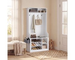 Meuble d'entrée Bealife FS29 - Armoire-penderie avec porte-manteau et meuble à chaussures - 1 banc, 4 crochets et 9 espaces de rangement –183×90×30cm– Blanc