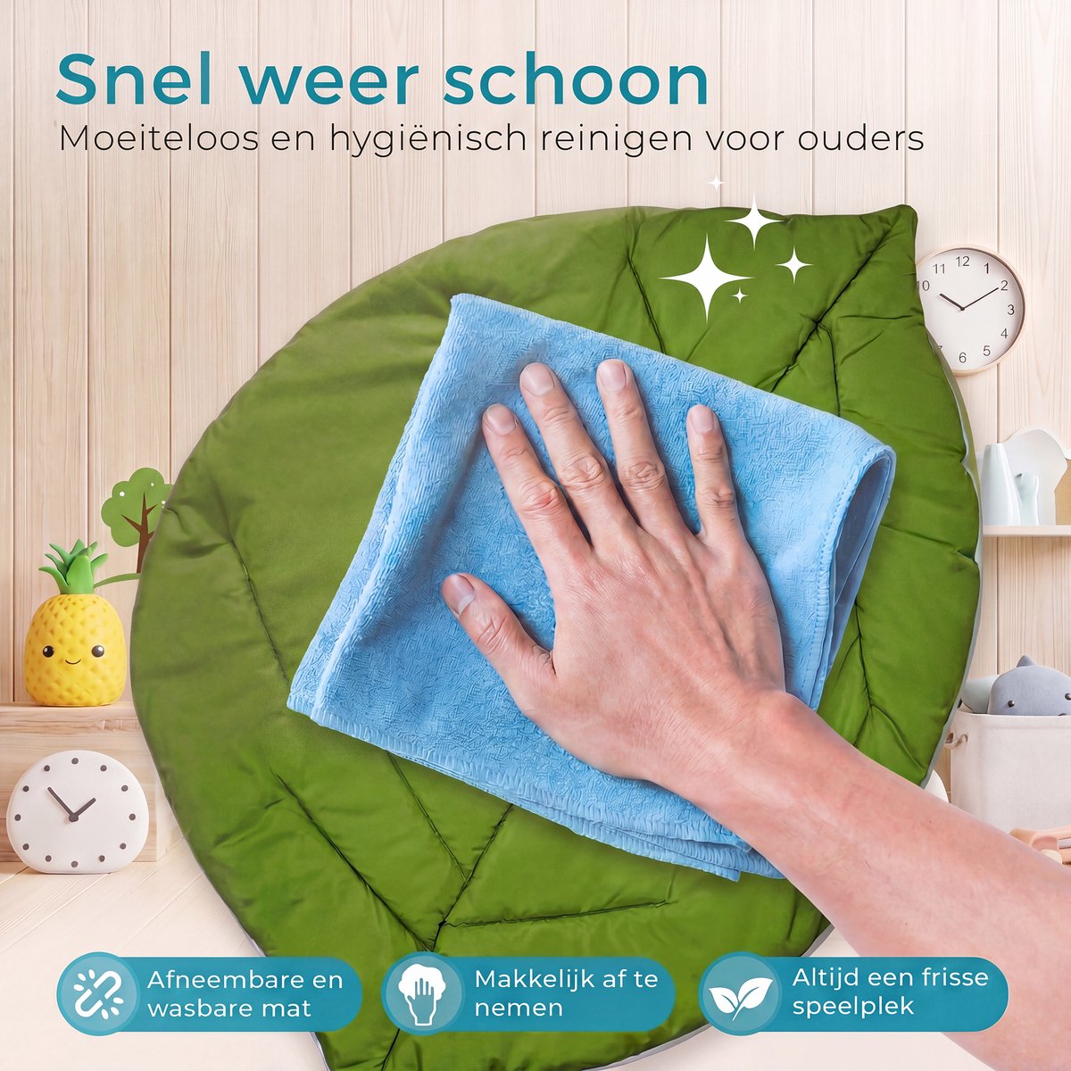 Babygym met boog - Speelmat - Speelkleed - Baby speelgoed - Babyshower - Boxkleed - Speelmat baby - 5 Speeltjes - Inclusief Rammelaar - Groen blaadje — afbeelding 4